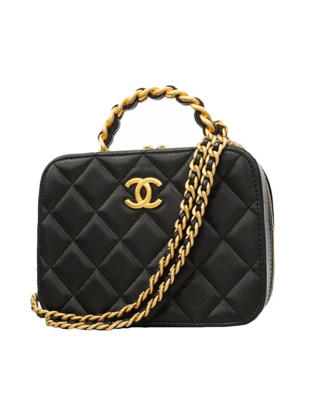 Chanel Handbag Quilted Lambskin Black Gold 2-Way Back